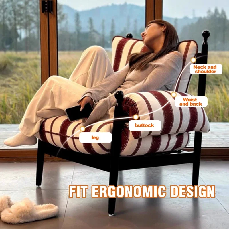 

-French Retro Solid Wood Leisure Sofa Chair Living Room Designer Cotton Linen Fabric Back Single Sofa Chair