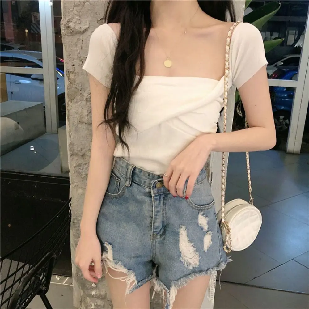 عبر طوق قبالة الكتف المحاصيل القمم بلون الملابس النسائية تي شيرتات قصيرة الاكمام قاع قميص سليم تي شيرت النساء الطرف #4