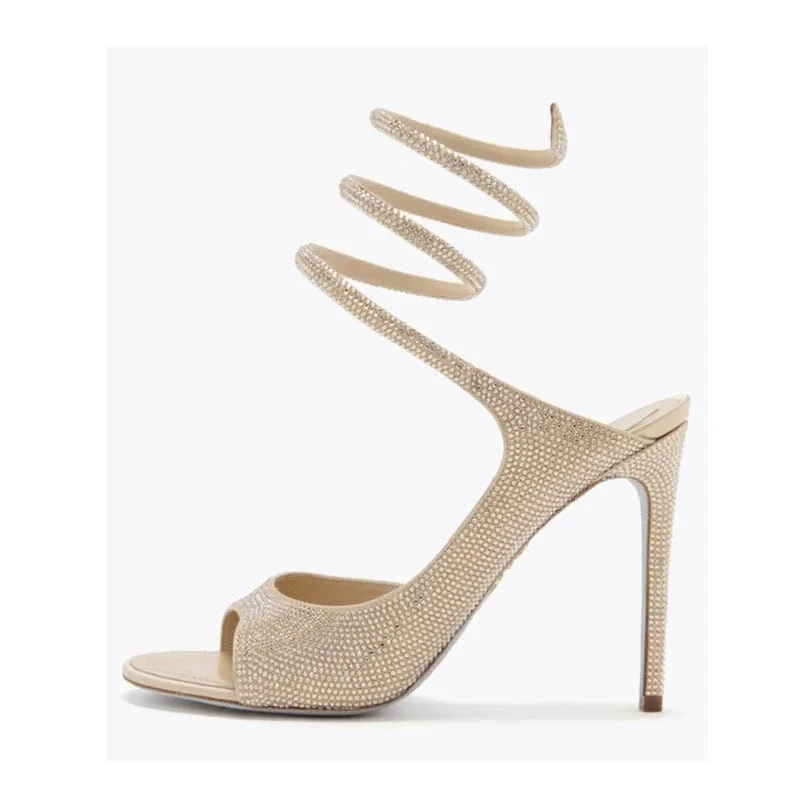 

2026 New High Heel Ankle Serpentine Wrapping Sandals Women Large Size Round Toe Full Diamonds Thin Heel Sandals Lady Dress Shoes