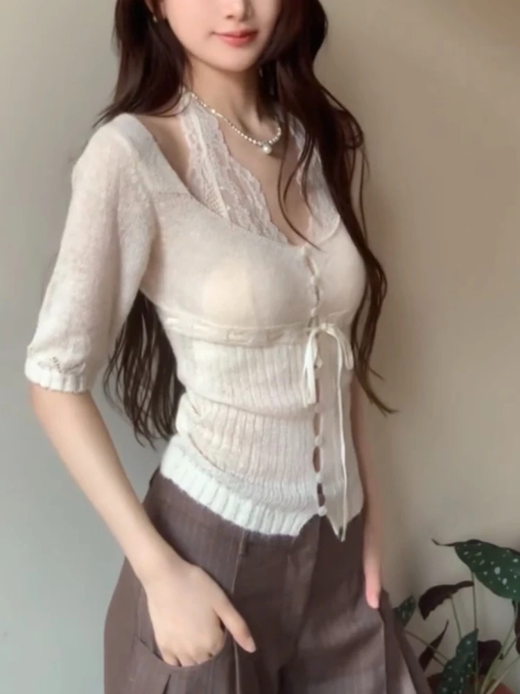 مثير متماسكة أعلى مجموعة المرأة الخريف خمر نمط قطعتين مع الدانتيل الرسن كامي وسترة ضئيلة U الرقبة أزياء أنيقة الزي