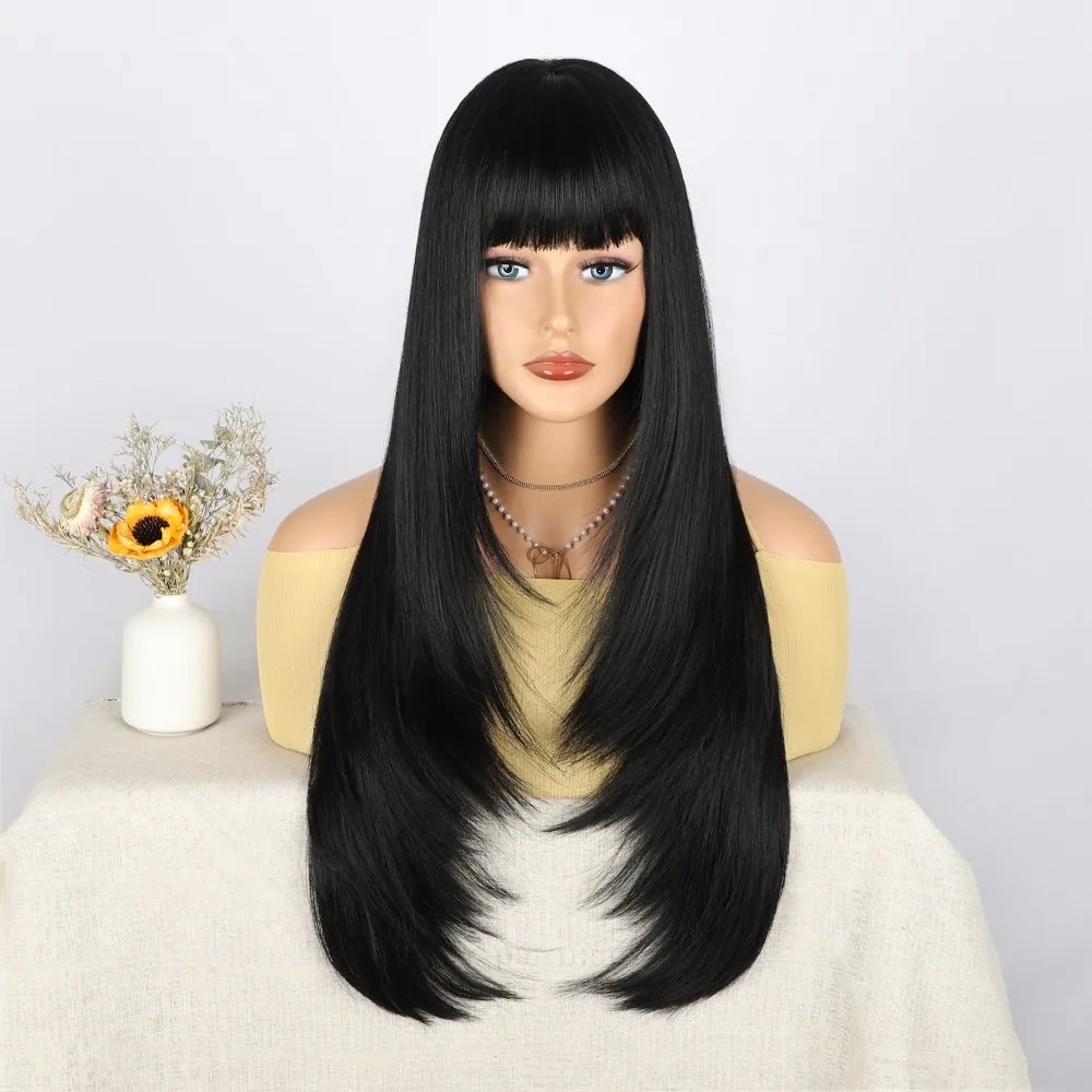 

Long Straight Wig with Bangs Natural Black Wigs for Women Fashion Silky Soft Smooth Remy Hair Heat Resistant Fiber Synthetic Wig