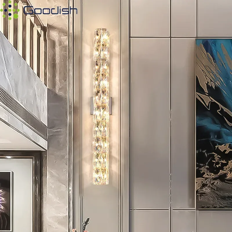 Industrial Vintage Long Sconce Crystal Column Base Background LED Wall Lamps Lustre Light for Bedroom Home Decoration Chandelier