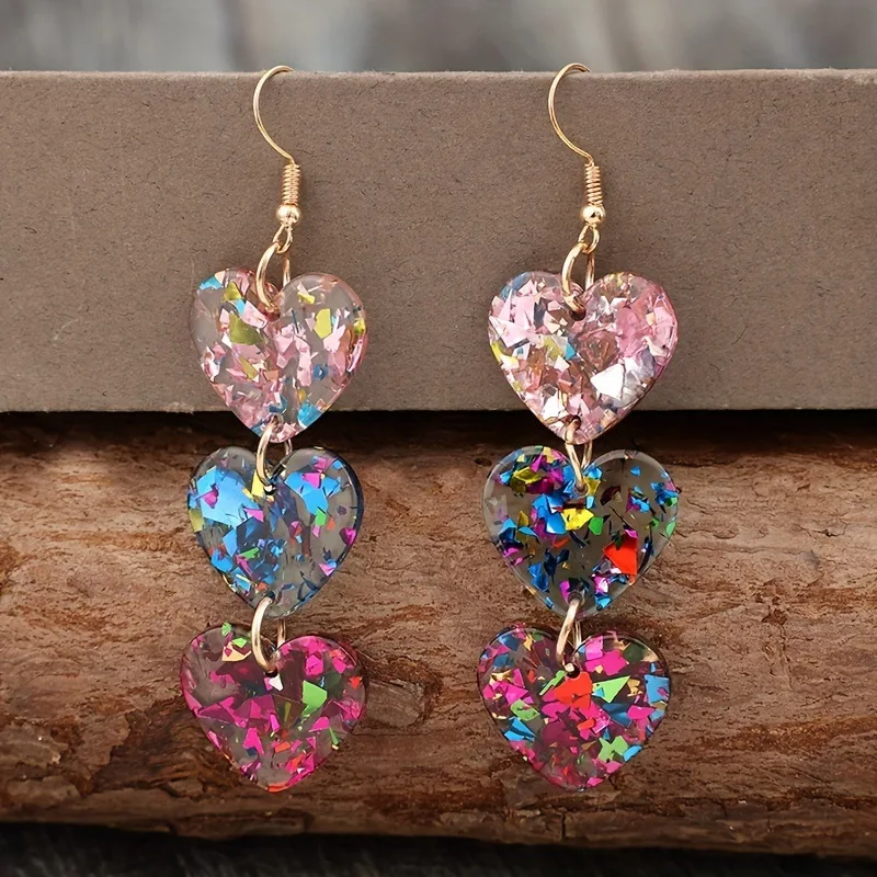 2025 New Valentine's Creative Multiple Sequin Heart Patchwork Draped Charm Earrings for Women Girls as Gift