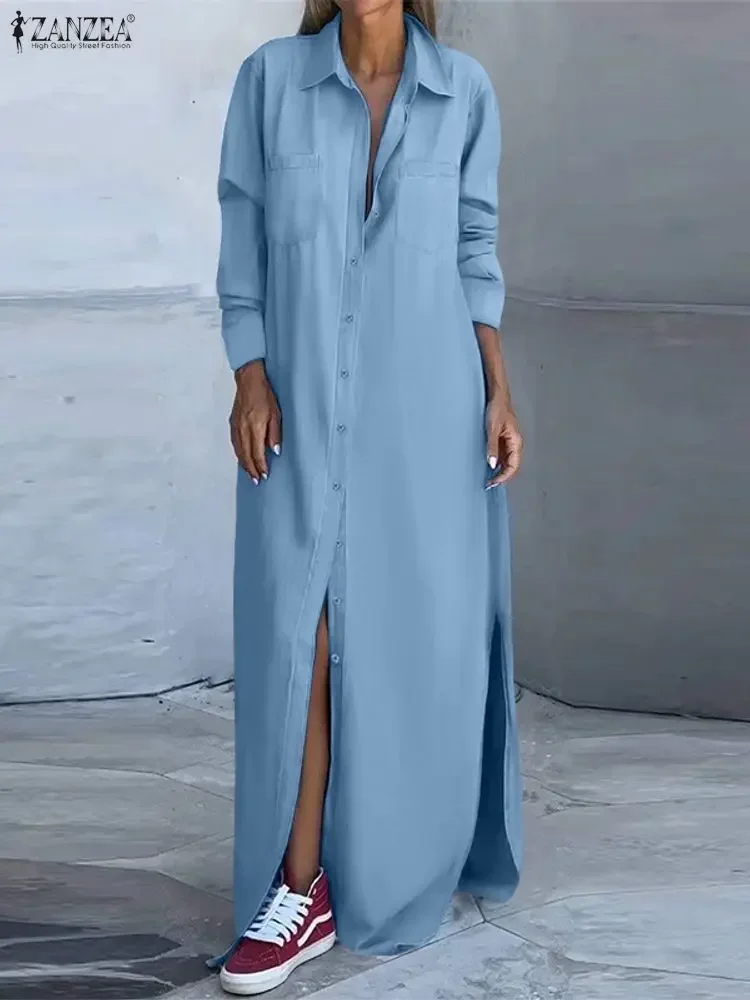 2025 ZANZEA Moda Autunno Camicia Abito Donna Elegante Risvolto Collo Manica Lunga Robe Maxi Abiti Ufficio Vestito Estivo Split Hem Abiti