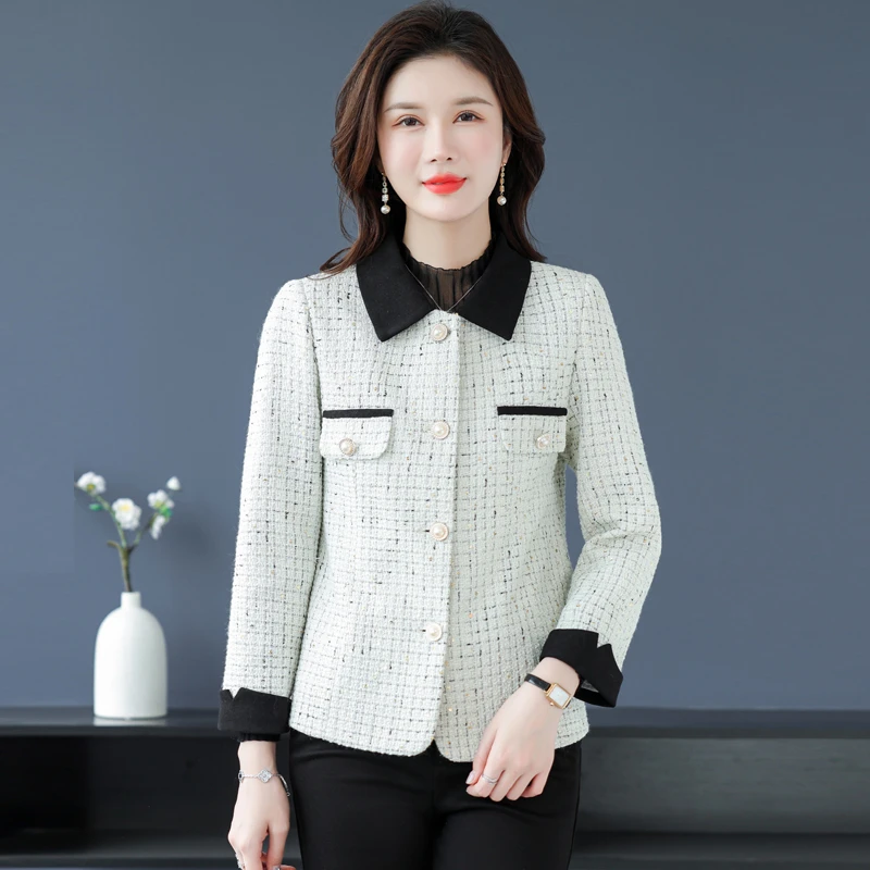New Autumn Tweed Jacket Long-Sleeve Top Women's Single-Breasted Vintage Cropped Top Harajuku Coat Trendy Jackets Plaid Coats