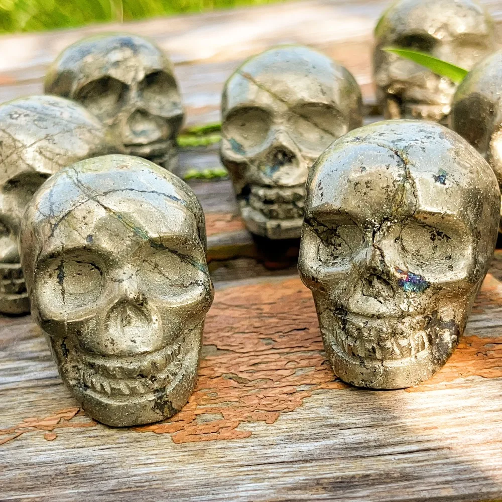 1pc Hand-Carved Pyrite Skull Natural Stone with Intricate Eye Sockets & Teeth Detailing Perfect For Home & Holiday Decor