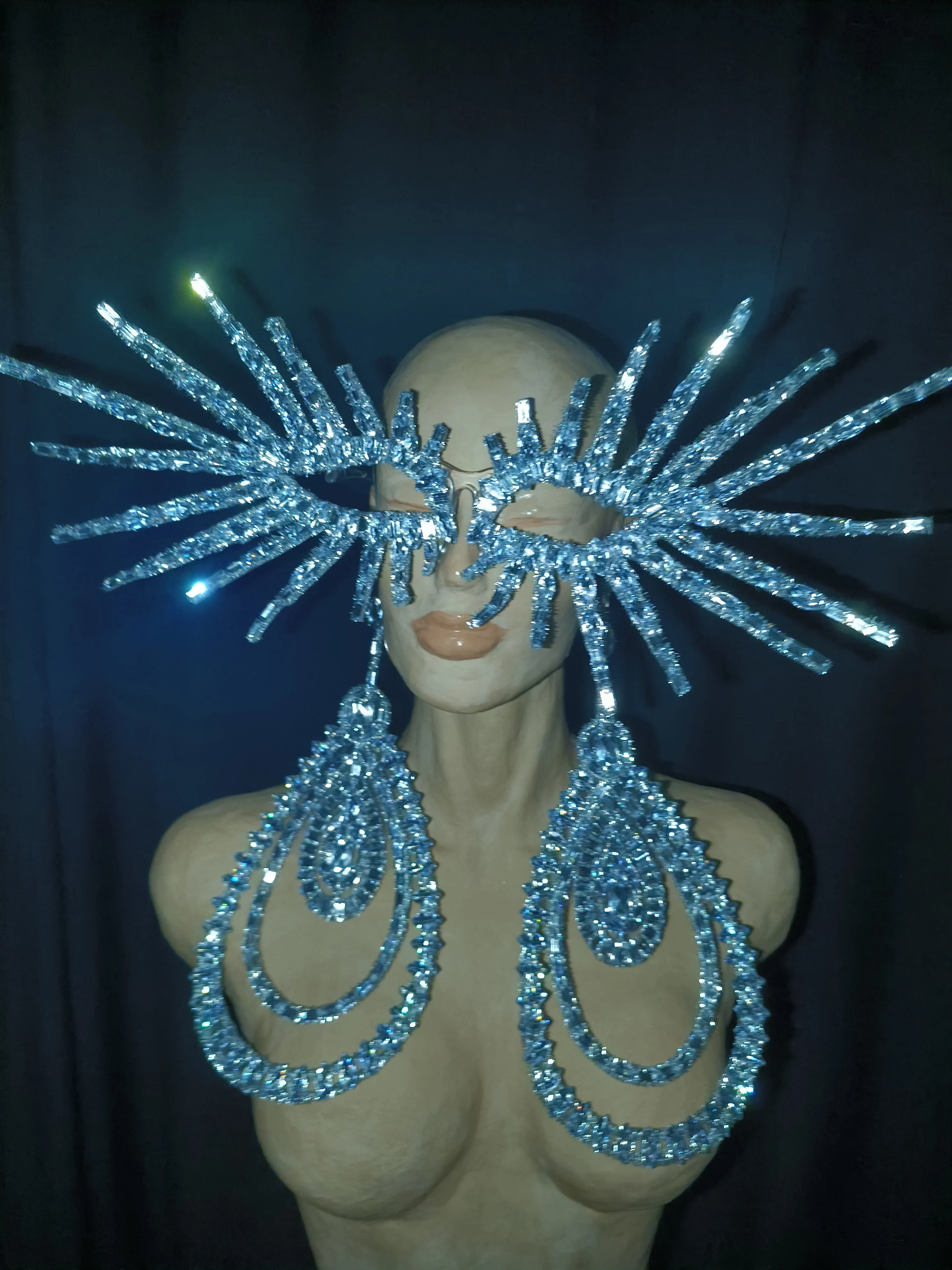 Sparkly Rhinestone Earrings Head Chain Set Oversized Crystal Jewelry Stage Performance Birthday Party Evening Wear Accessories