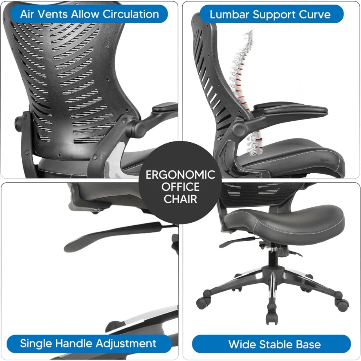 كرسي مريح موفر للمساحة مع أذرع قابلة للطي ودعم قطني، كرسي دوار بارتفاع قابل للتعديل للمكتب الصغير والمكتب المنزلي