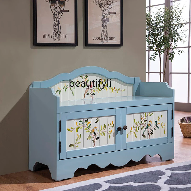 

yj European-Style Shoe Cabinet Painted Vintage Shoe Changing Stool Double Door Stool Double Door Hallway Shoe Cabinet