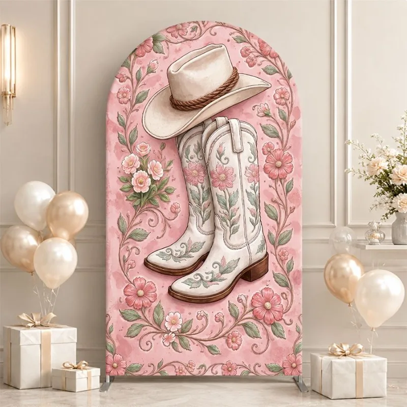 Single Side Arch Backdrop Cover Rustic Western Floral Background for Party Decor featuring White Cowboy Boots and Hat on Pink