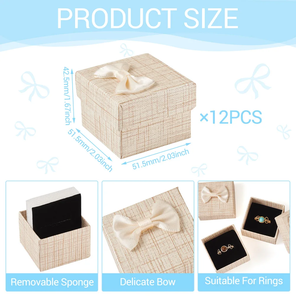 5x5cm Textured Cardboard Jewelry Boxes Bowknot Embellish Ring Storage Boxes Anniversary Holiday Gift Jewelry Display Packing