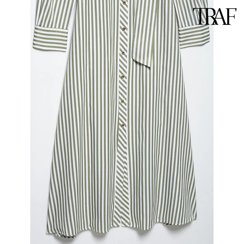 Women's New Lapel Long Sleeve Striped Dress Single-breasted Belt Casual Long Dress Elegant Evening Party Womenswear