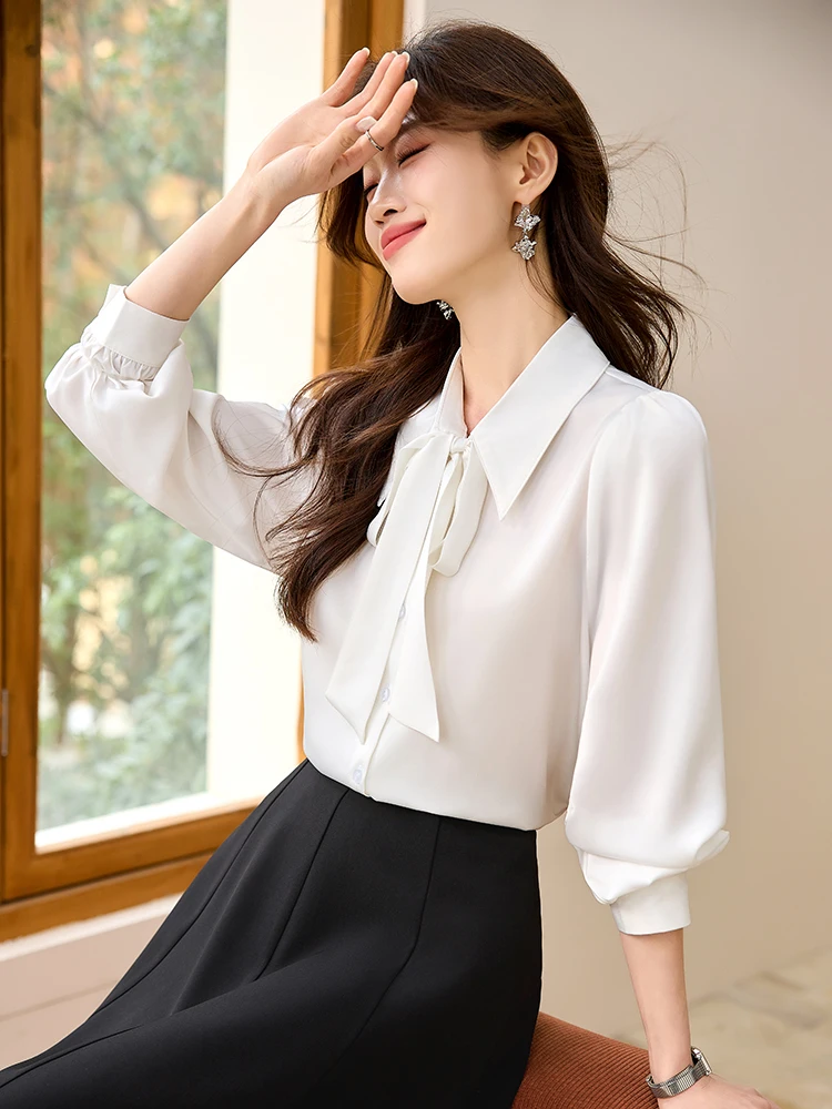 Spring Autumn White irt Women's Design Sensation Commute Sle Loose Fit Long Sve Button down Office Wear Polyester Blend