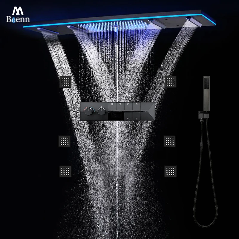 

M Boenn 47*12 дюймов пара эмоциональная душевая система большая черная насадка для душа смеситель для ванной комнаты с дождевой насадкой термостатический переключатель