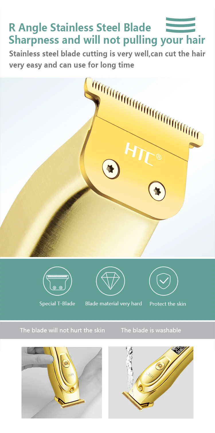 Htc At-176 Golden Color Blade New Patent Design Total Metal Cover With Led Display Lithium Battery T-Blade Hair Clipper