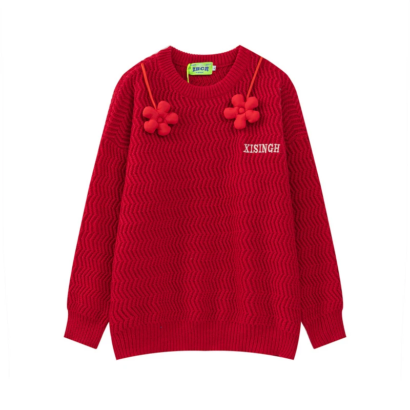 Cute Kawaii 3D Floral Embroidery Red Sweater Women Autumn Winter Christmas Sweaters Thick Warm Knitted Pullover Fashion Tops