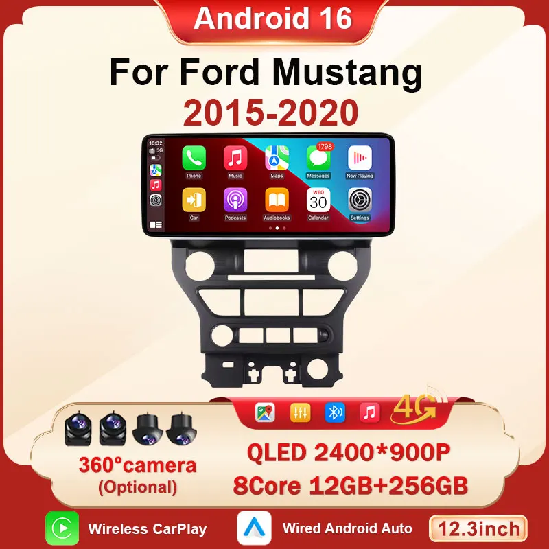 12,3 Zoll Autoradio mit kabellosem Carplay, QLED-Bildschirm, GPS-Navigation für Ford Mustang 2015-2020, Android Multimedia Videoplayer, WLAN