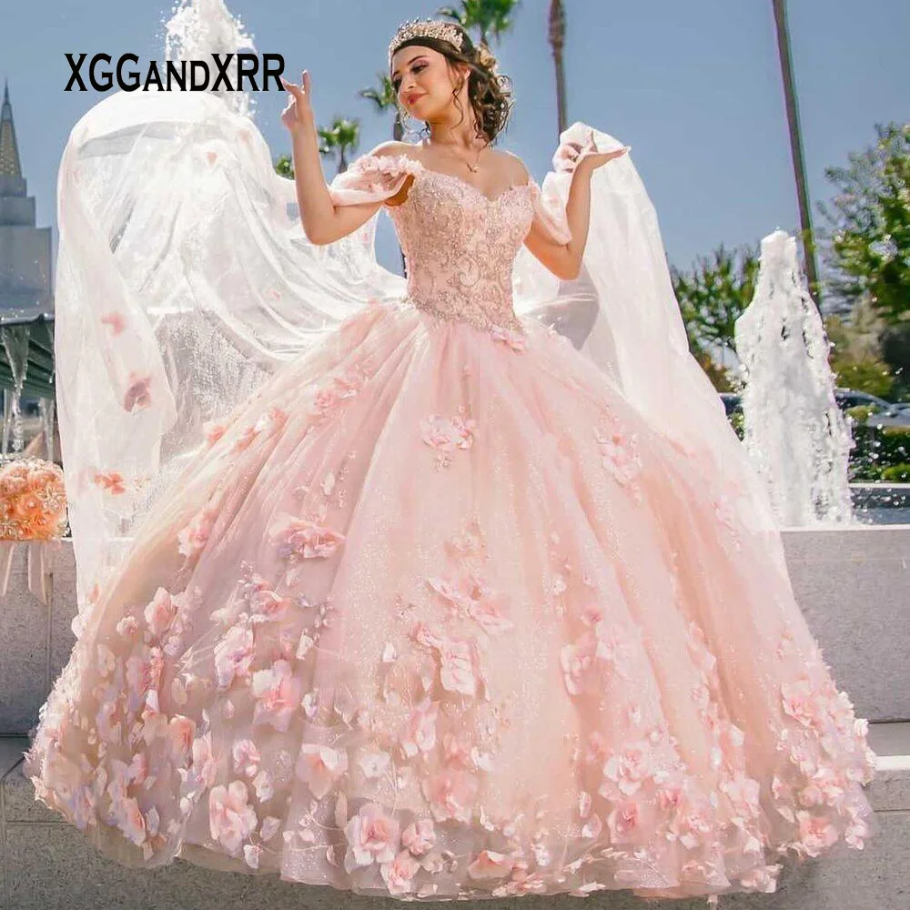 Vestido de quinceañera rosa con cuello de pico, capa de flores con hombros descubiertos, abalorios, largo, fiesta de cumpleaños, 15 y 16 años, 2024