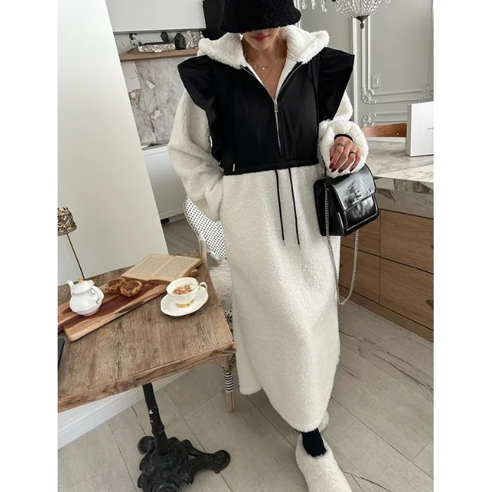 여성용 롱 보온 양털 후드 드레스 한국 스타일 출퇴근 패션 빈티지 디자인 겨울 롱 스커트