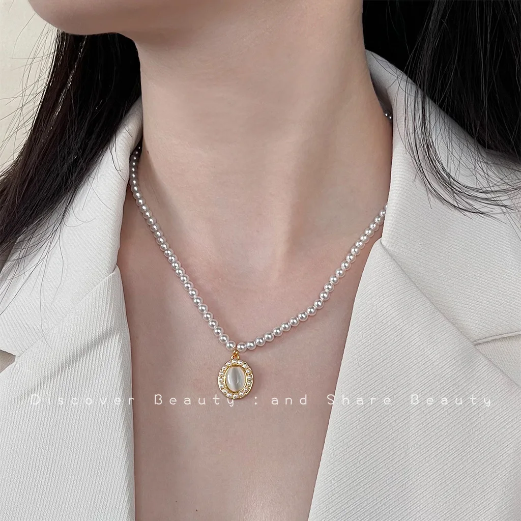 DIY accessories Vintage fan-shaped zircon earrings women's French light luxury windshield opal pearl necklace jewelry set index view 3