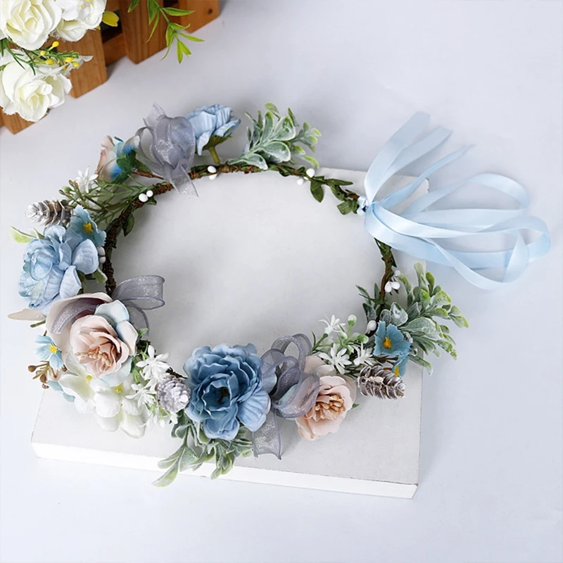 Boho Beach Holiday Wreath Headband Artificial Blue Flower Crown Halo Garland Fake Eucalyptus Leaves Wedding Headpiece