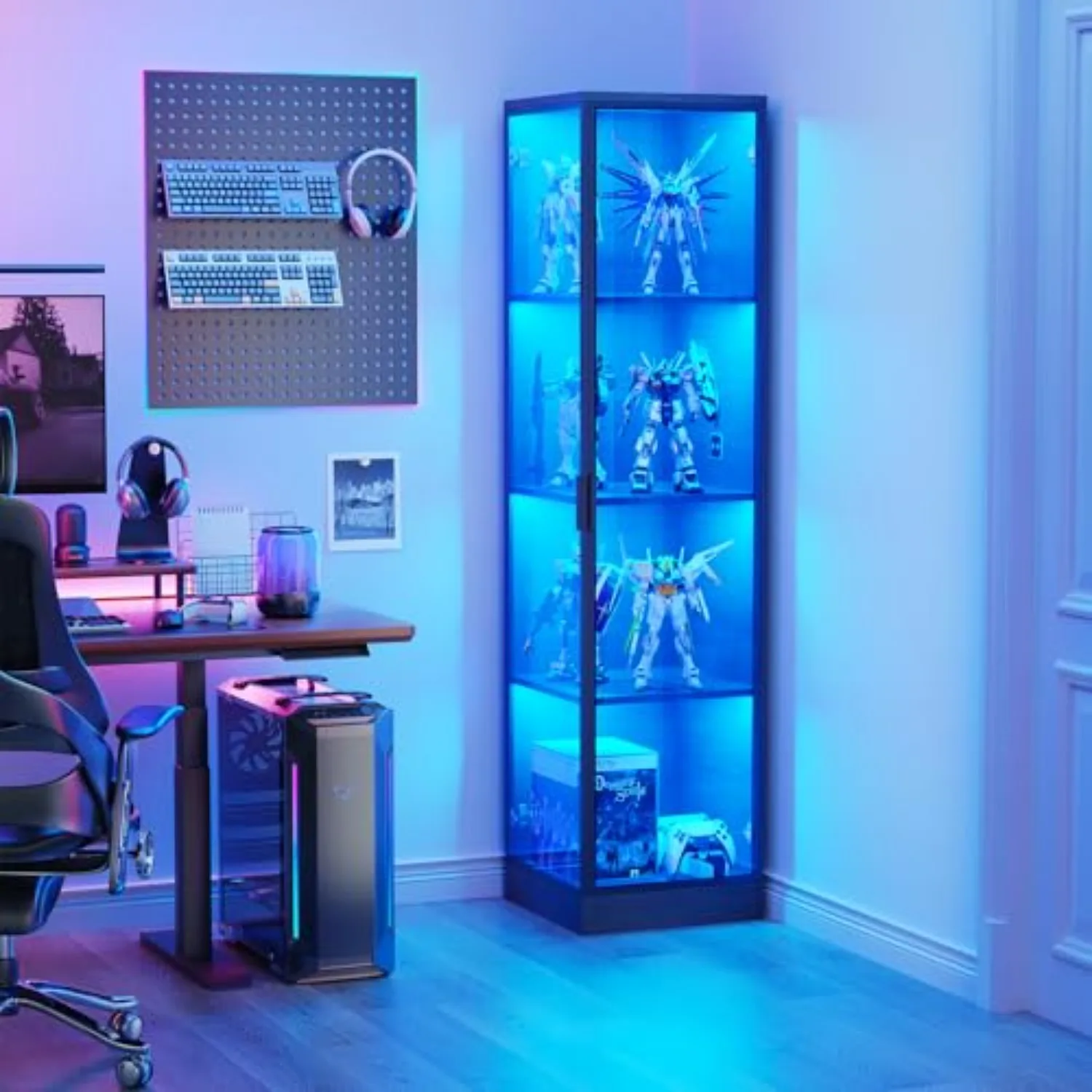 Corner Display Cabinet with Doors, 4-Tier, 3 Color Light, Black | Curio Cabinet, Display Case for Collectibles, Storage view 4