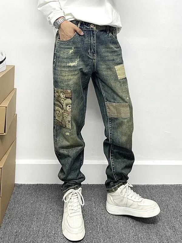 

Trendy Men's Jeans Retro Patchwork Loose Fit Denim Pants Casual Cartoon Bear Pattern Cone ape Faionable Street Sle