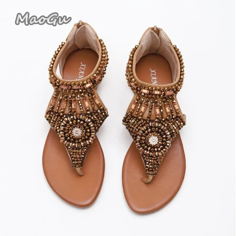 2025 Summer Women Beach Holiday Bohemian Crystal Slandals Fashion Bead Rhinestone Gladiator Non-slip Sandals Sandalias De Mujer