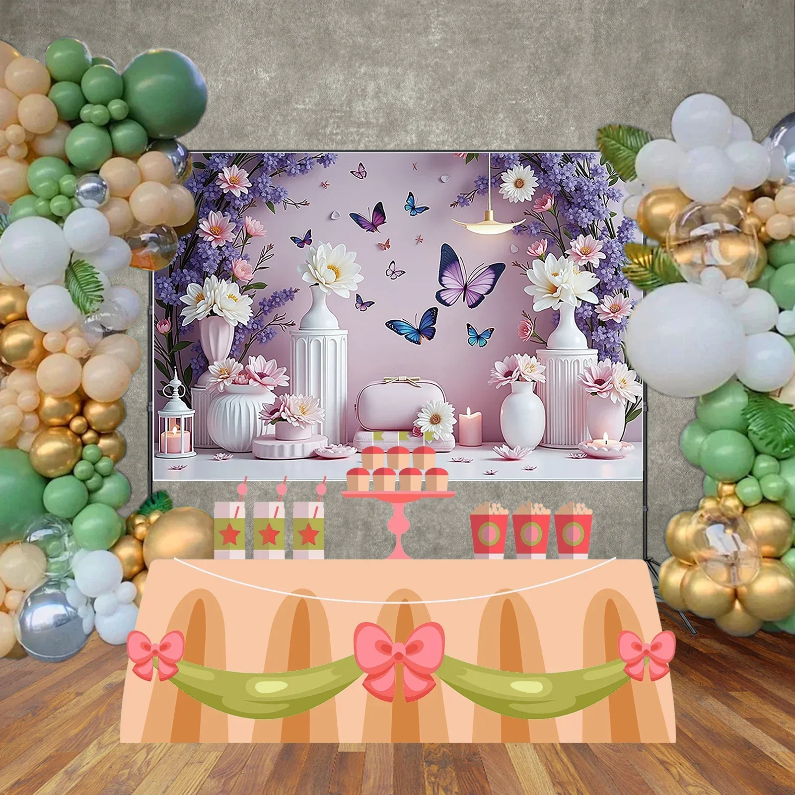 MOON.QG Fairy Butterfly Hanging Flowers Balloons Backdrop Purple Blue Pink Photography Background Photographic Wallpapers Decor