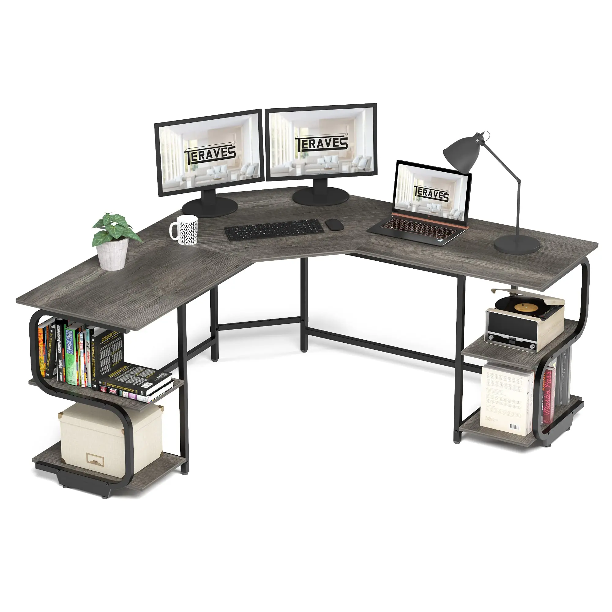 

Modern L Shaped Computer Desk With 4 Tier Shelves For Home Office Gaming