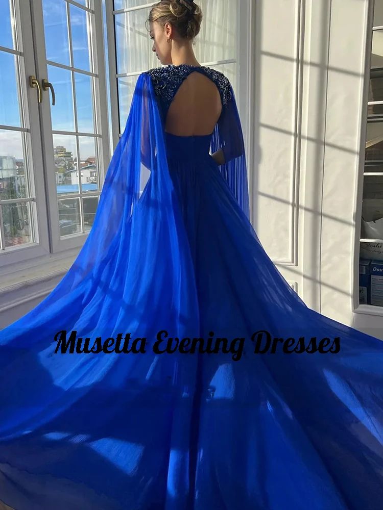 Musetta Royal Blue Tulle Prom Dress Deep Long Cape Sleeves Sequineds V-Neck Evening Dress Backless Eventos Especial Customized