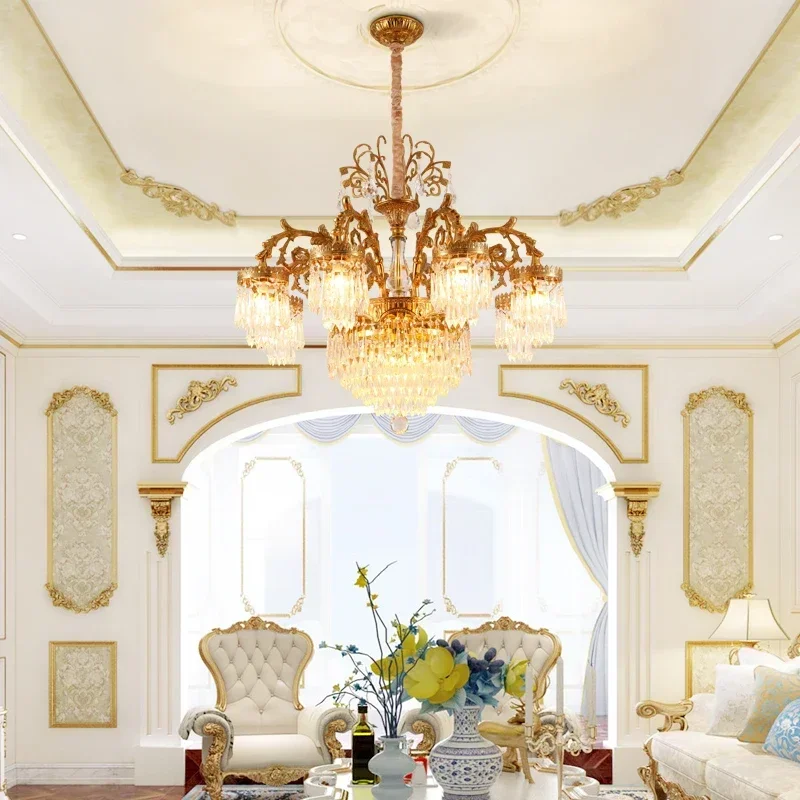 French Full Copper Crystal Chandelier European Style Villa Duplex Building Large Living Restaurant Luxury Pendent Light