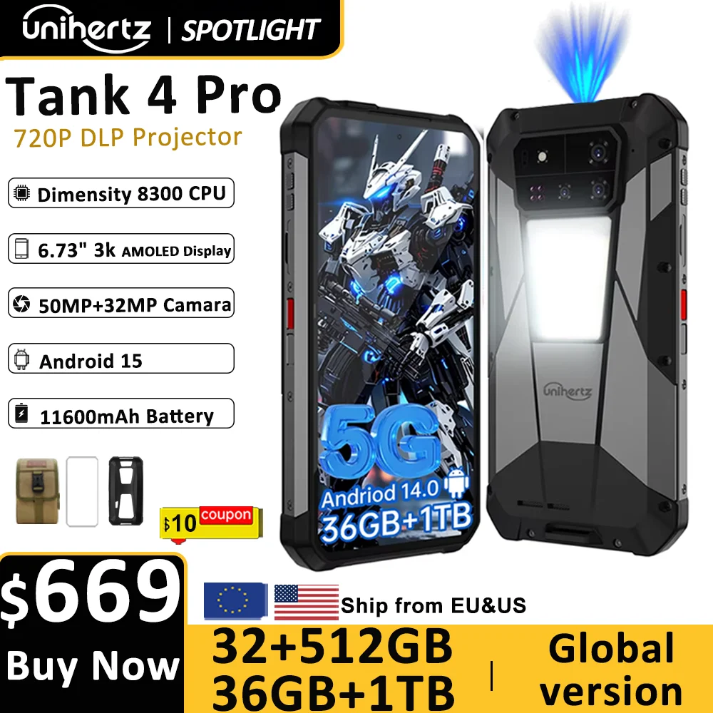 Unihertz by 8849 Tank 4 pro 5G AI Rugged Phone Built-in 720P Projector Dimensity 8300 512GB/1TB ROM 3k AMOLED 11600mAh IP68/IP69