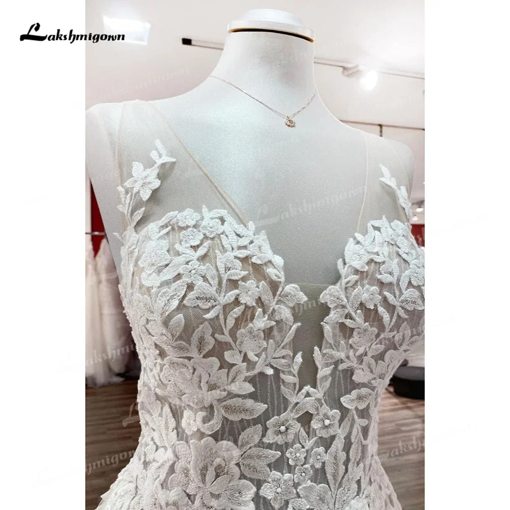 2025 boho decote em v sem mangas sexy aberto volta botão rendas apliques uma linha vestido de casamento para as mulheres praia vestidos de noiva varredura vestido