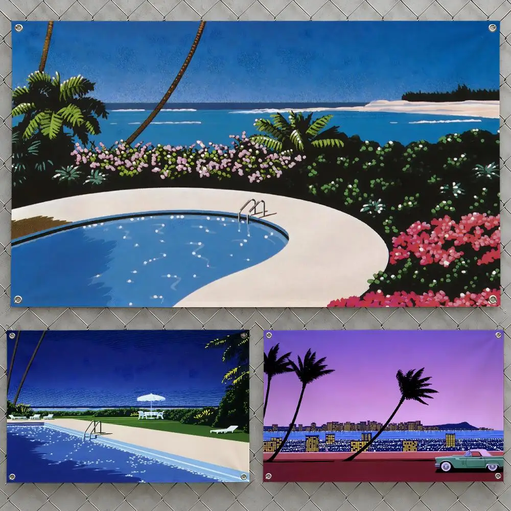 Art Hiroshi Nagai City Pop Pool Palm Flags Wall Hanging Flag Banners For Birthday Parties Outdoor Bedroom Dorm Room Decor