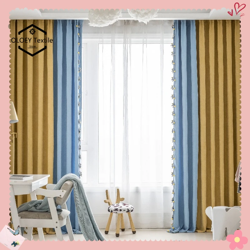 Children's Room Pony Lamp Corduroy Fabric Bay Window Balcony Color Block Curtains for Girls and Boys Drapes Living Room Bedroom
