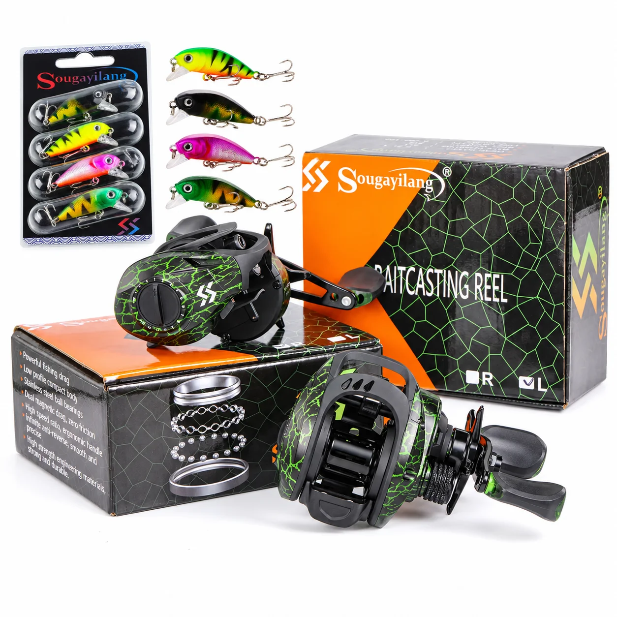 Sougayiang Baitcasting-Rolle mit Magnetbremssystem, 12LB Max. Bremskraft, 9+1 Kugellager, 7,1:1 Hochgeschwindigkeits-Übersetzungsverhältnis, Angelspule Pesca