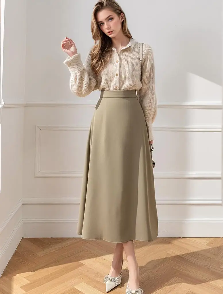 New Arrivals Khaki Women\'s Midi Skirt For Women 2024 Fall Elegant Fashion Office OL A-Line Skirts Female