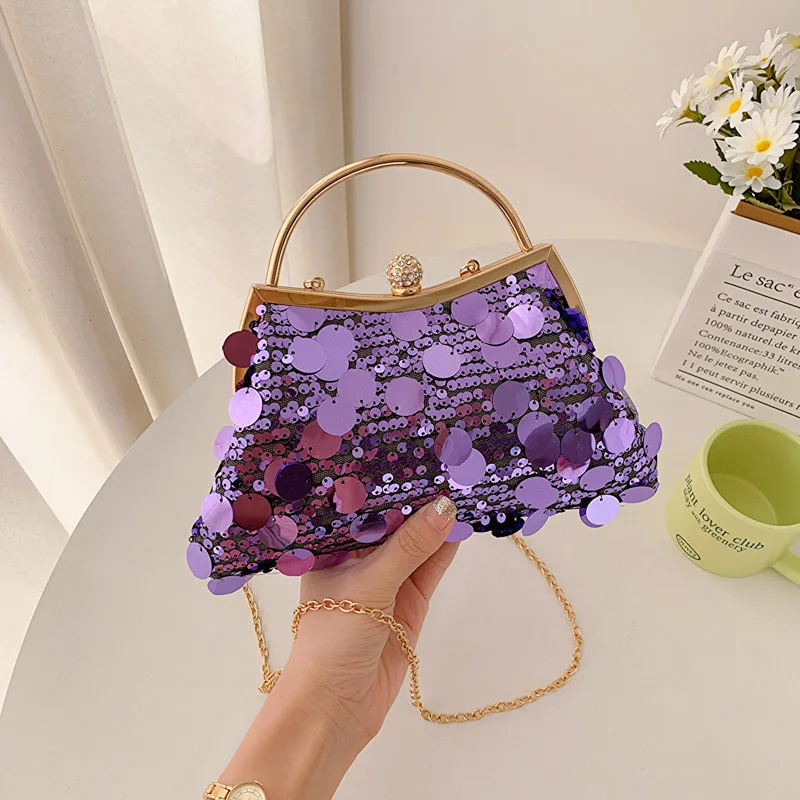 Trendy Purple Round Sequin Clutches Metal Handle Handbag Wedding Party Evening Bag Purse Chain Shoulder Messenger Bag For Women