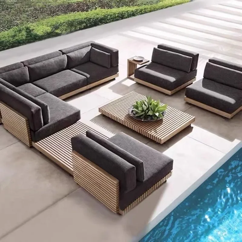 Modernos Conjuntos de Jardín Resistentes al Sol, Muebles de Jardín Seccionales de Madera Maciza para Casas Pequeñas, Salón de Jardín Nórdico para Exteriores