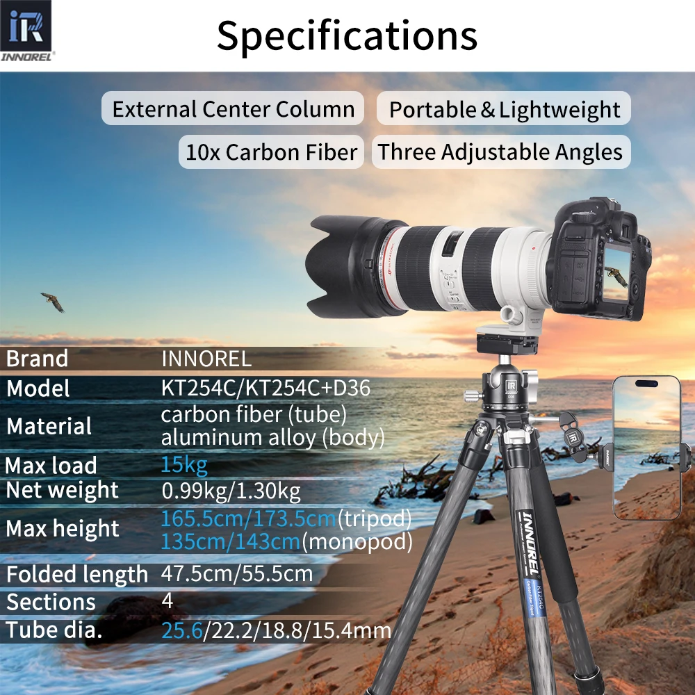 INNOREL KT254C 10 Layer Carbon Fiber Tripod Professional Portable Compact Camera Stand Support with Short Center Column for DSLR - Image 2