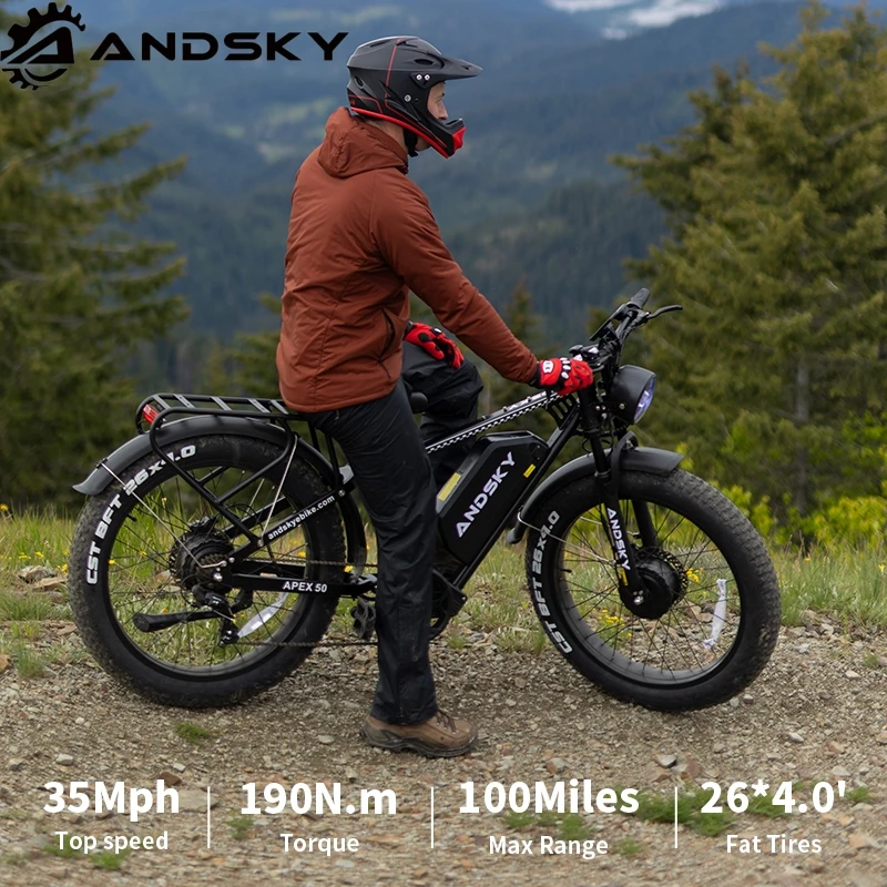 ANDSKY Apex 50 AWD Electric Bike 3000W Dual-motor Power 190Nm Torque 48V/52V 25Ah Off-Road Electric Bicycle for Adult 35MPH Top Speed 100Miles Long Range 26 Inch All Terrain Fat Tire Full Suspension City E-bike with 6-Piece Kit