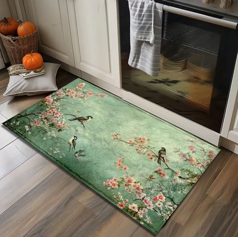 Spring Birds on A Branch Design Anti-Slip and Soil-Resistant Mat, Imitation Cashmere Absorbent Quick-Drying Mat Home Area Carpet