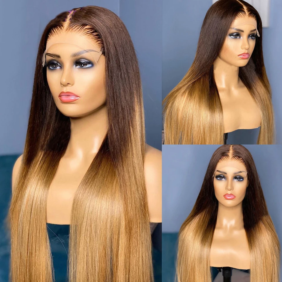 Soft Glueless 26 ”Long Ombre Honey Blonde Brown Straight Lace Front Wig For Black Women Baby Hair Pre Plucked Natural Hairline