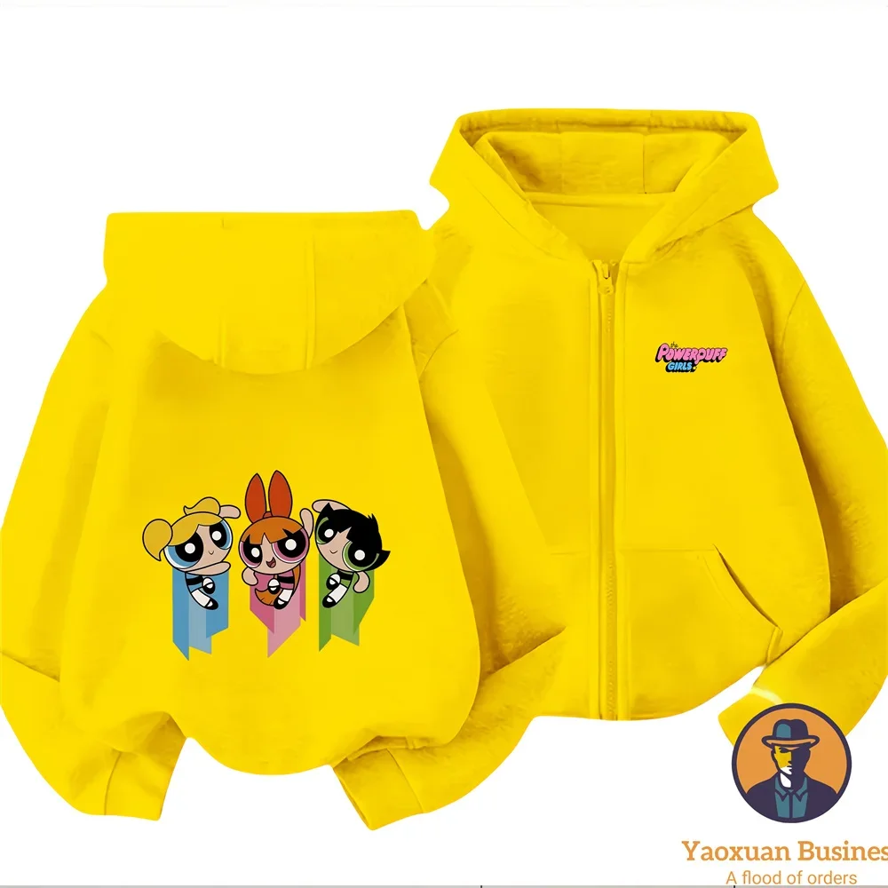 

2025 Fashion: The Powerpuff Girls Cartoon Zipper Hoodies for Men, Hip-hop Casual Streetwear, Oversized Sweatshirts for Children