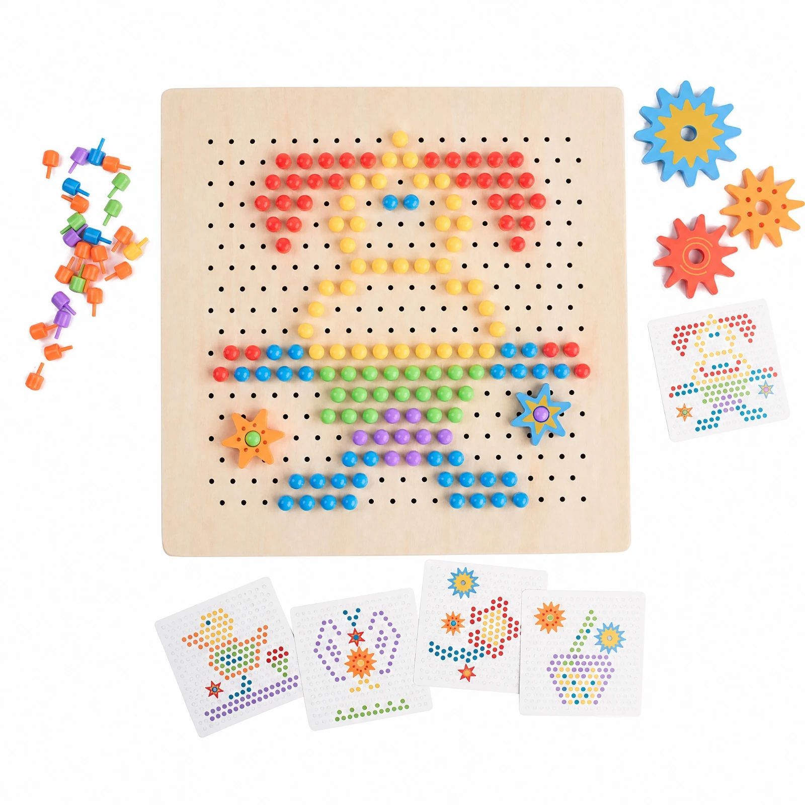 Peg-Head Peg Puzzle Board Screen-Unplugged Pattern Peg Board with Cards Peg-Head Nail Puzzle Toy Hand-Eye Coordination