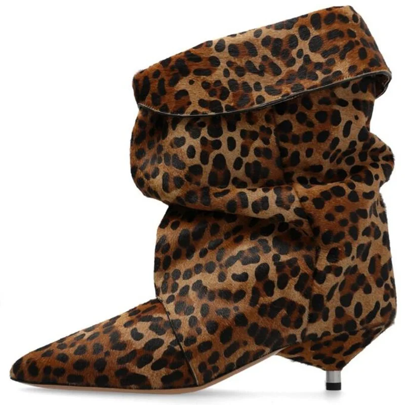 

New Arrival Leopard Low Heels Ankle Boots Pointed Toe Slip On Pleated Woman Short Booties Big size44