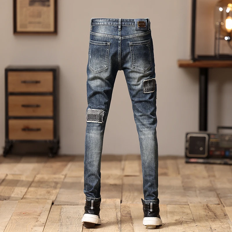 2024 New Ripped Jeans Men's American Retro Tight Straight Trend Stitching Spring and Autumn Pants Men