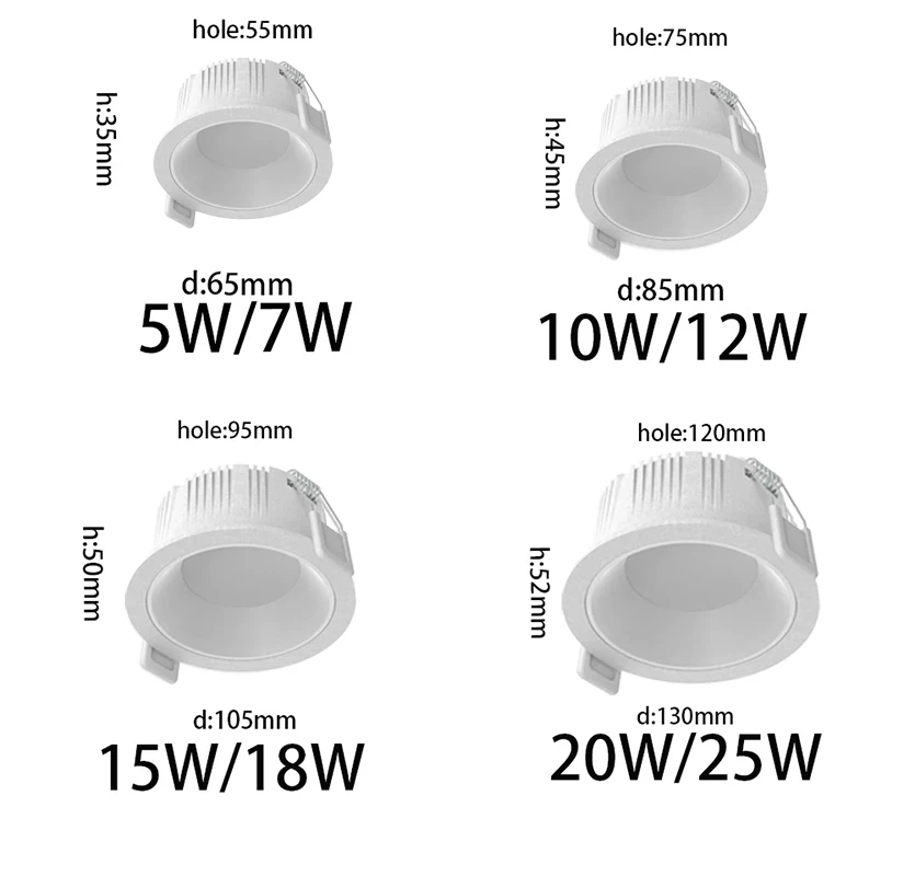 Recessed Round Anti-glare LED COB Spotlights 38° Dimmable 10W 12W 15W 18W 24W Ceiling Downlights  Spot Mall Office Lighting