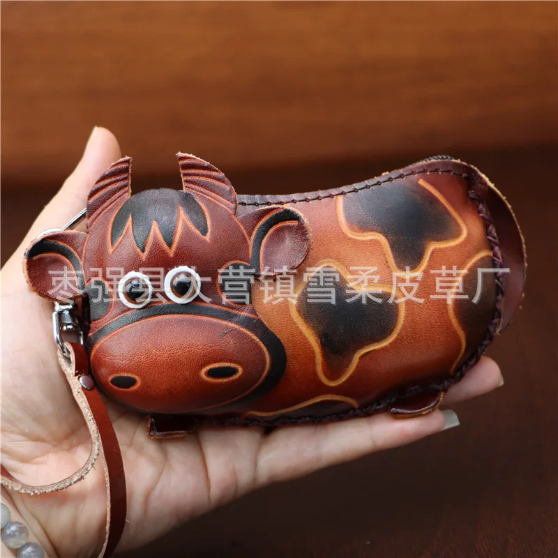 Genuine Cowhide Leather Creative Cartoon Cow Coin Purse | Kids Zodiac Mini Handbag | Car Key Pouch | Vegetable-Tanned Leather |